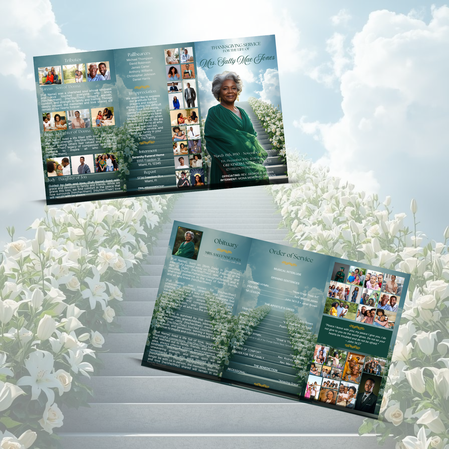 Green Funeral Trifold Pamphlet Memorial Bundle