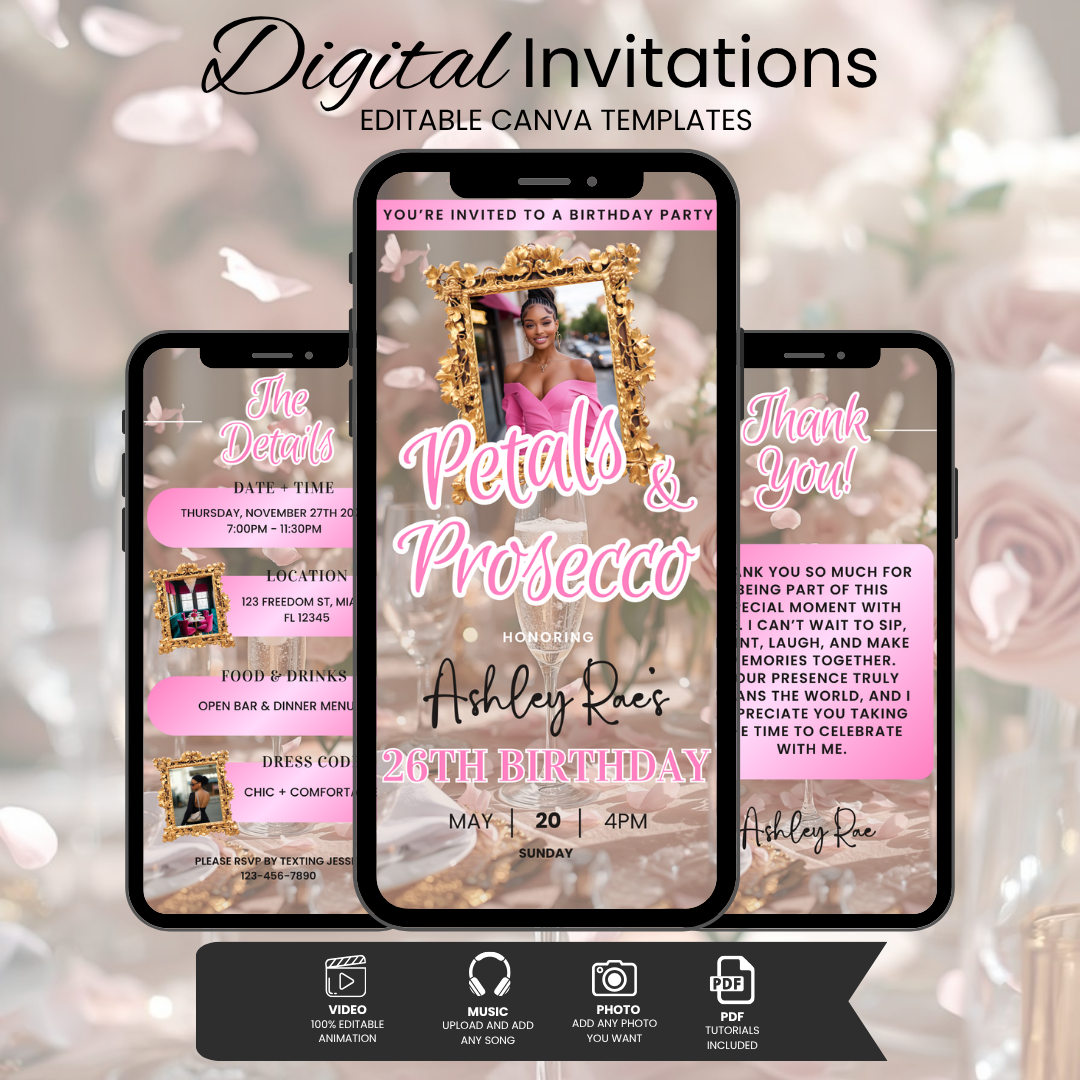 Petals and Prosecco Birthday Invitation