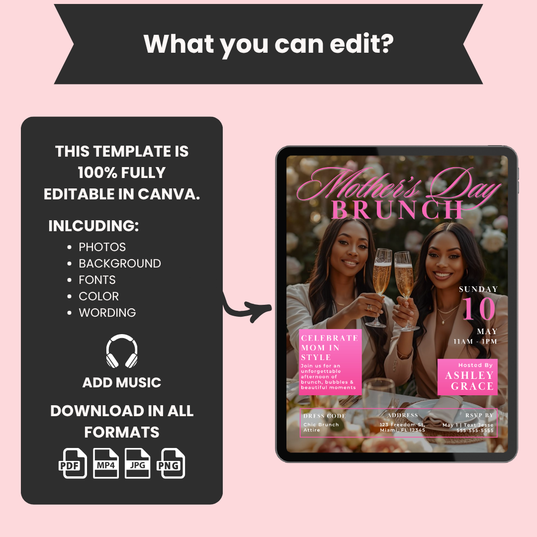 Mothers Day Brunch Invitation | Animated Magazine Cover Invite | Editable Canva Template | Brunch Party Flyer