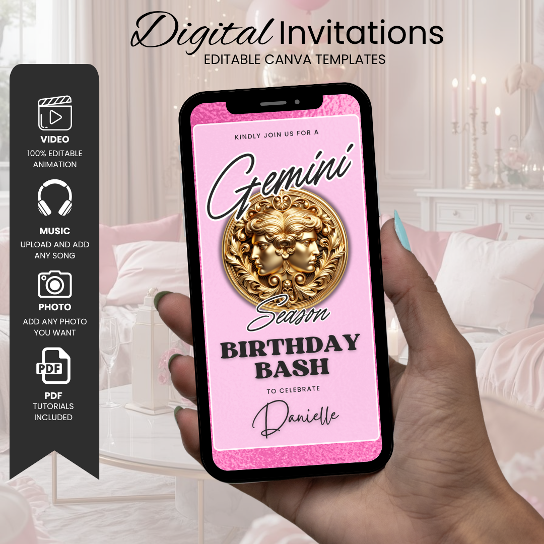 Gemini Birthday Invitation Template, Editable Canva Birthday Bash Invite