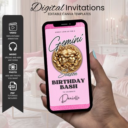 Gemini Birthday Invitation Template, Editable Canva Birthday Bash Invite