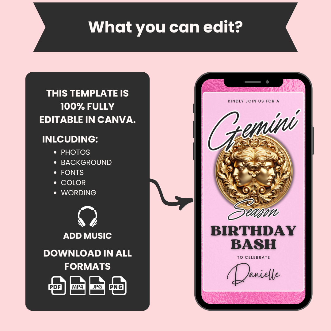 Gemini Birthday Invitation Template, Editable Canva Birthday Bash Invite