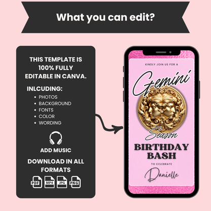 Gemini Birthday Invitation Template, Editable Canva Birthday Bash Invite