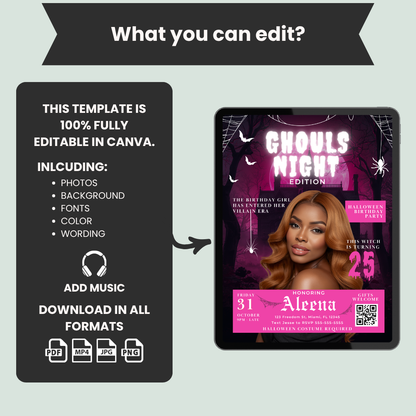 Halloween Birthday Invitation, Magazine Cover Style (Pink)
