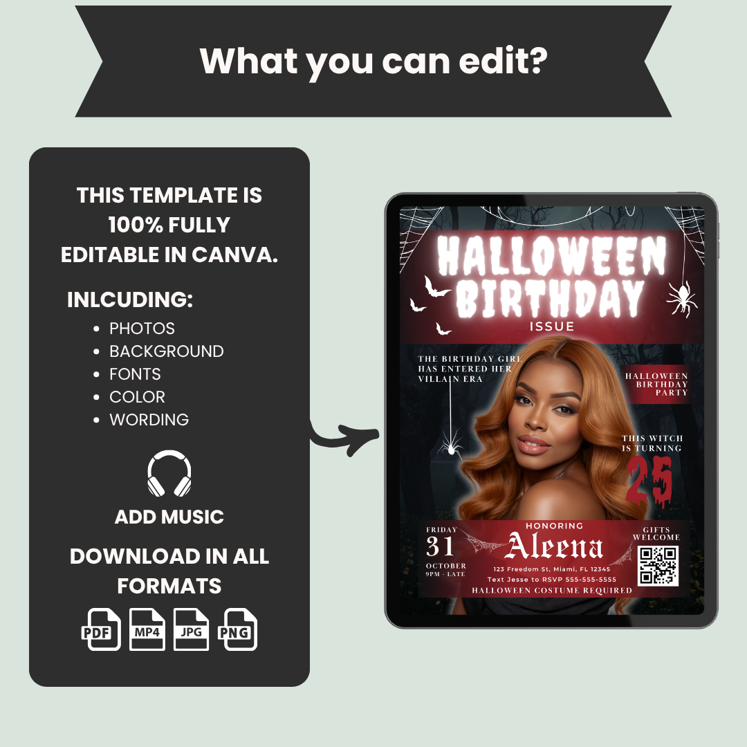 Halloween Birthday Invitation, Magazine Cover Style