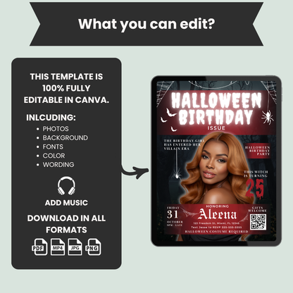 Halloween Birthday Invitation, Magazine Cover Style
