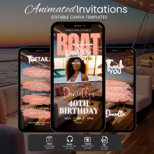 Animated Luxury Boat Birthday Party Invitation | Editable Canva Digital Template